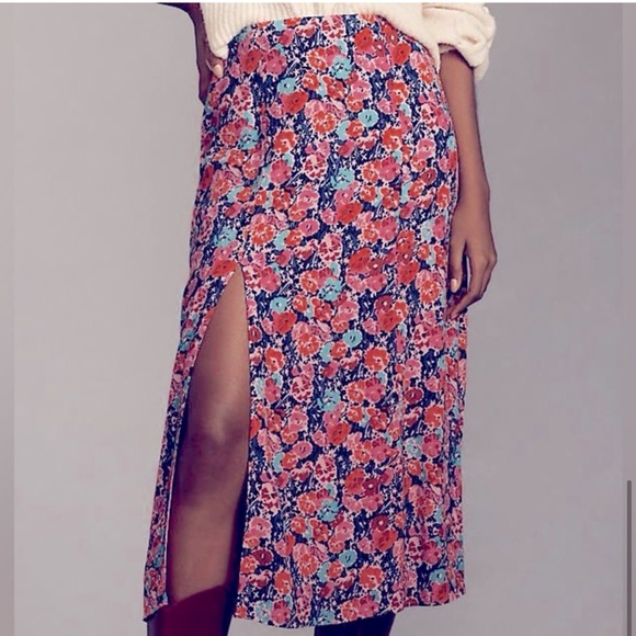 ⬇️ Anthropologie The Lille Side-Slit Midi Skirt by Maeve Pink Floral Size 14 - Picture 7 of 13
